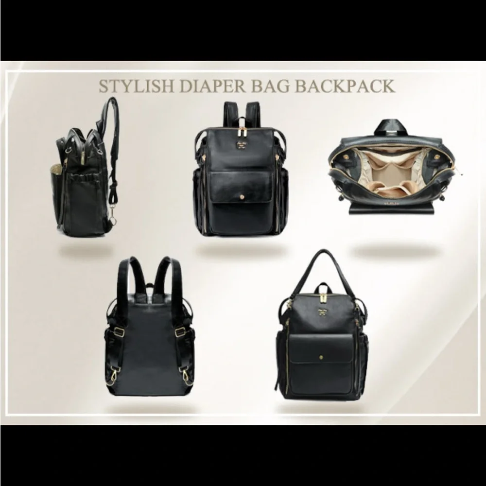 Miss Fong Diaper Bag Black ECO PU Leather with Beige Interior & Changing Pad